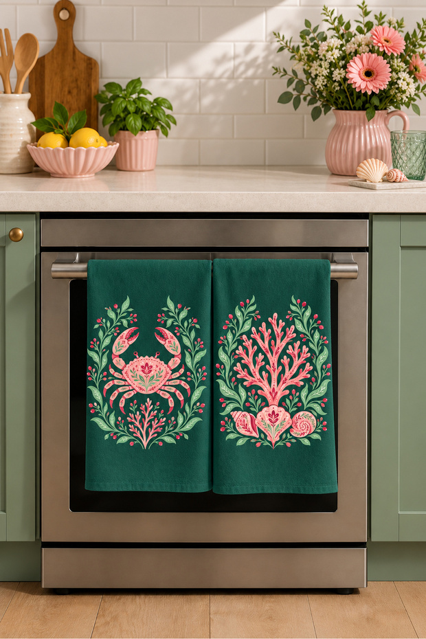 Coral Garden Green Pink Crab and Coral Patterned 2-Piece Kitchen Towel Set 35X55