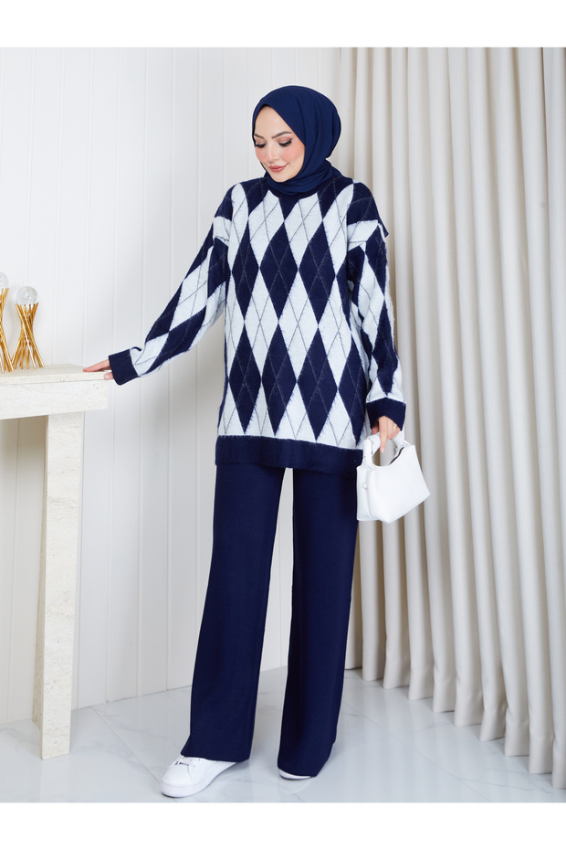 Women's Square Patterned Oversize Knitwear Set