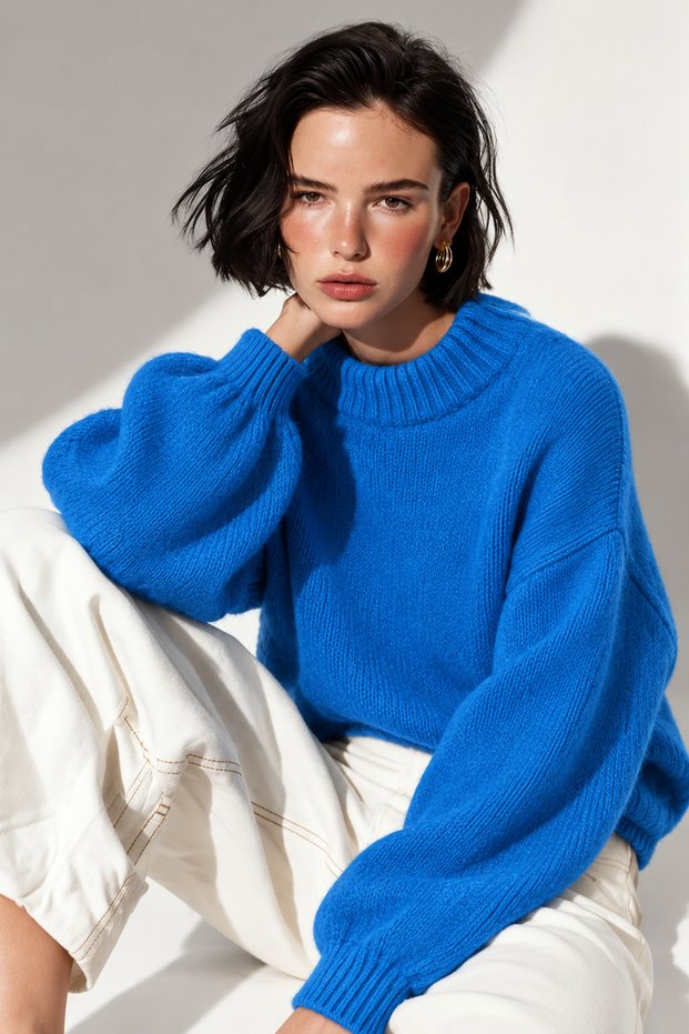 6701 Women's Soft Textured Crew Neck Oversize Knitwear Sweater Turquoise
