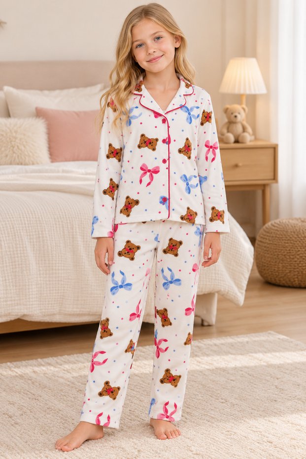 Girl's Cotton Buttoned Long Sleeve Pajama Set