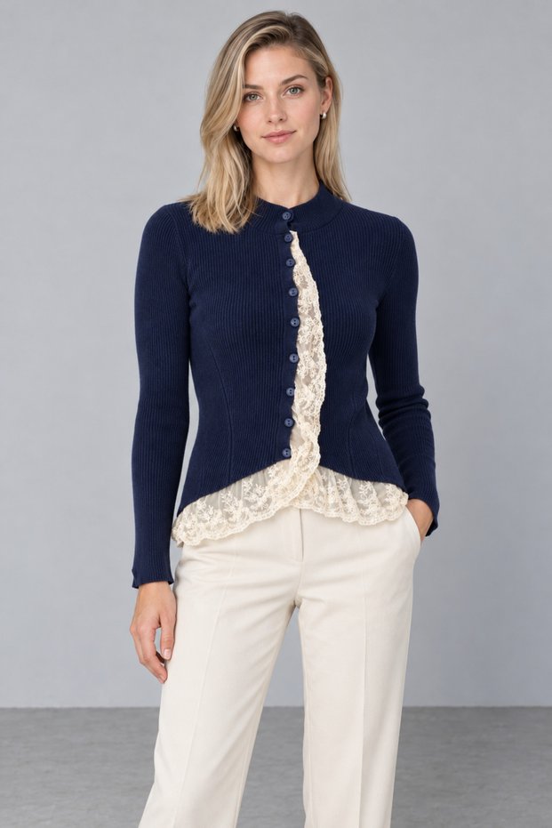 Women's Navy Blue Lace Detailed Buttoned Knitwear Cardigan