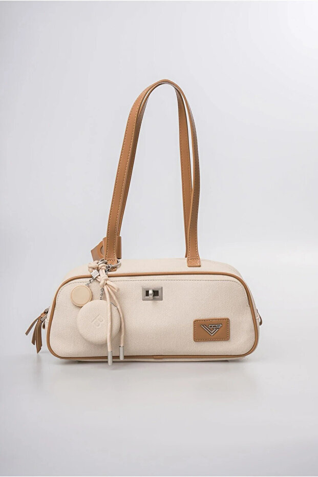 Women's Shoulder Bag with Mirror Charm Accessory, Zippered Textured Baguette Bag, White 18346