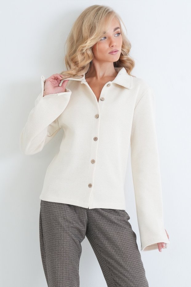 Women's Ecru Shirt Collar Buttoned Slit Blouse Alc-X15914