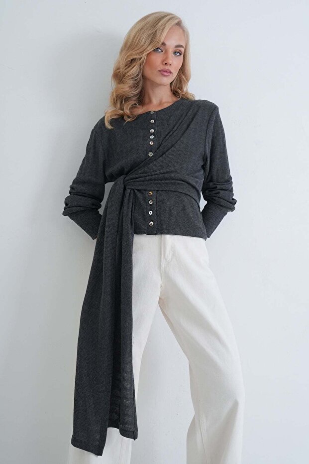Women's anthracite crew neck button-down cardigan with waist tie - alc-x15885