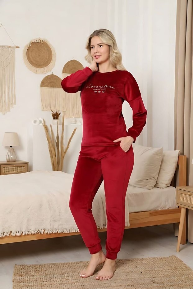 Mooda Soft Velvet Fabric Embossed Printed Women's Pajama Set