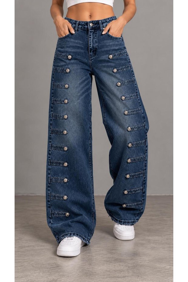 Street Style Metal Strap Detailed Baggy Y2K Jean Trousers