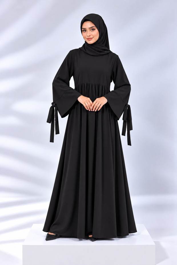Refka Crew Neck Tie-Cuff Detail Modest Casual Maxi Dress with Hiijab
