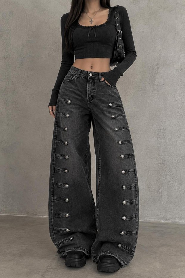 Vintage Style Button Detailed Y2K Baggy Jean Trousers