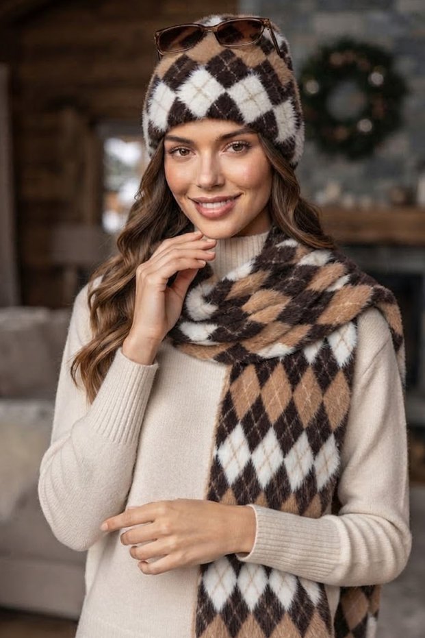 Women's Diamond Patterned Soft Plush Scarf and Beanie Set, Soft Textured Winter Set