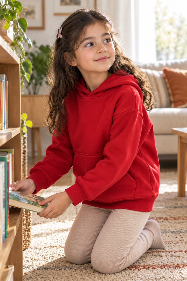 Unisex Children's Sweatshirt Red Hooded 3-Strand Hooded Model 3-13 Years