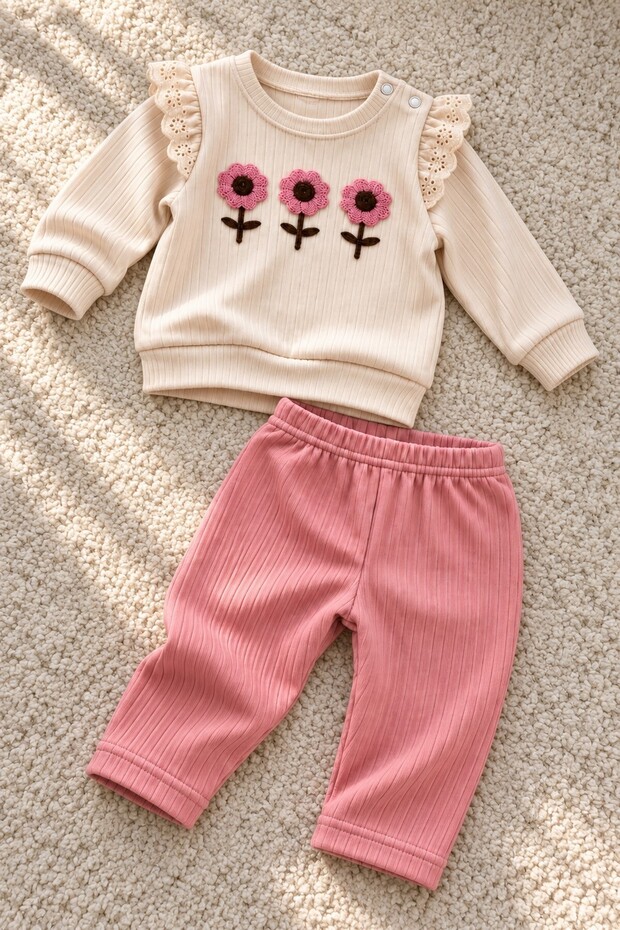 Baby Girl Set with Floral Appliques, Top and Bottom 2-Piece Set - Seasonal Set for 3, 6, 9, 12 Months