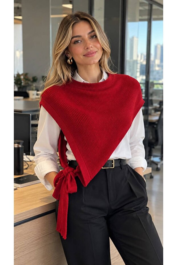 Red Knitwear Asymmetrical Women's Shoulder Shawl with Neck Loop