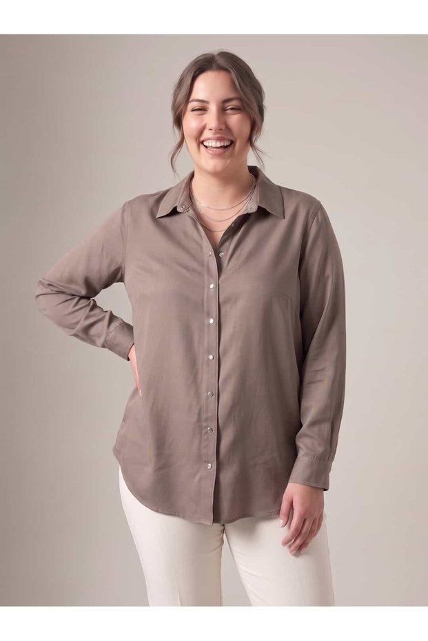 Women's Plus Size Shirt Tencel Long Sleeve Classic Collar Slit Mink
