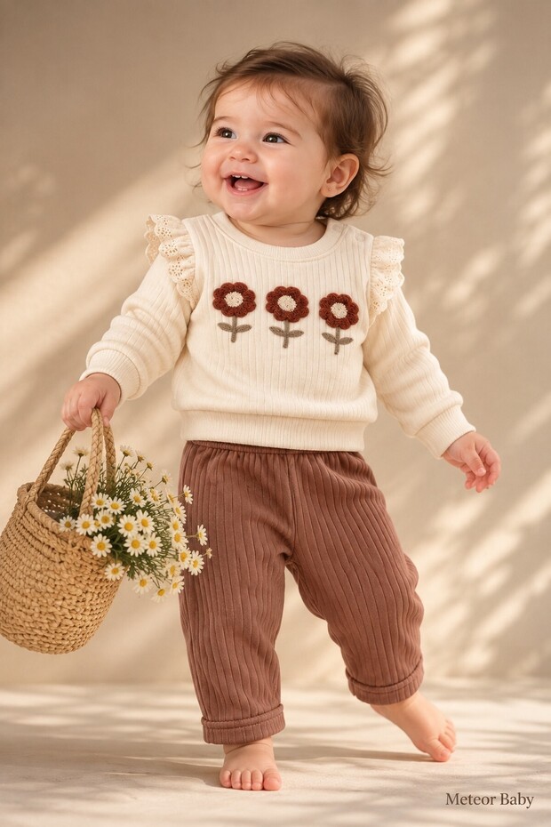 Baby Girl Set with Floral Appliques, Top and Bottom 2-Piece Set - Seasonal Set for 3, 6, 9, 12 Months