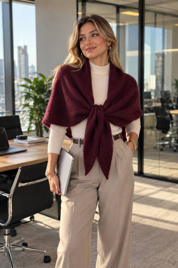 Burgundy Soft Textured Knitwear Triangular Women's Shoulder Shawl