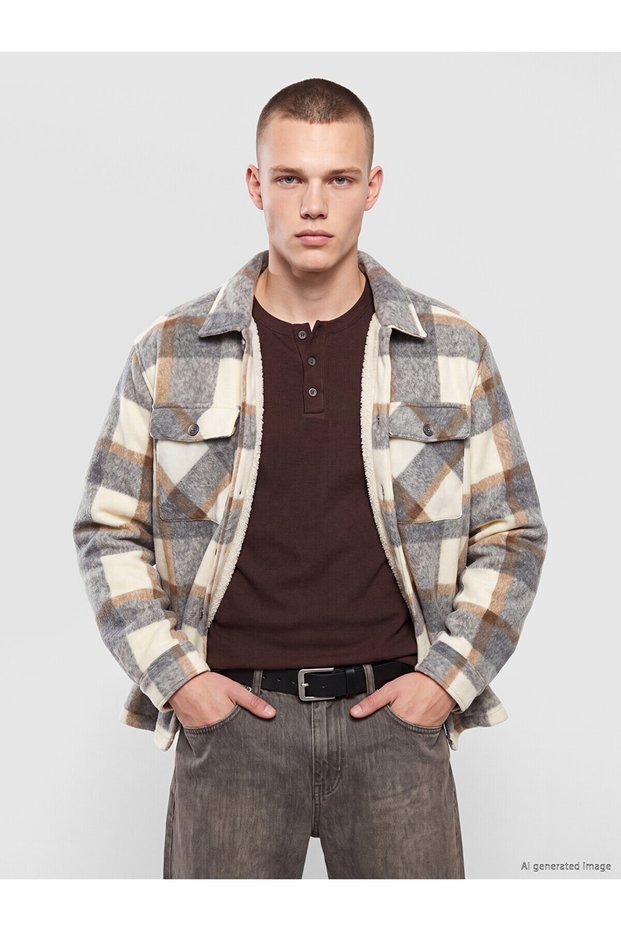 Özmarka New Season Beige Plaid Patterned Men's Lumberjack Coat