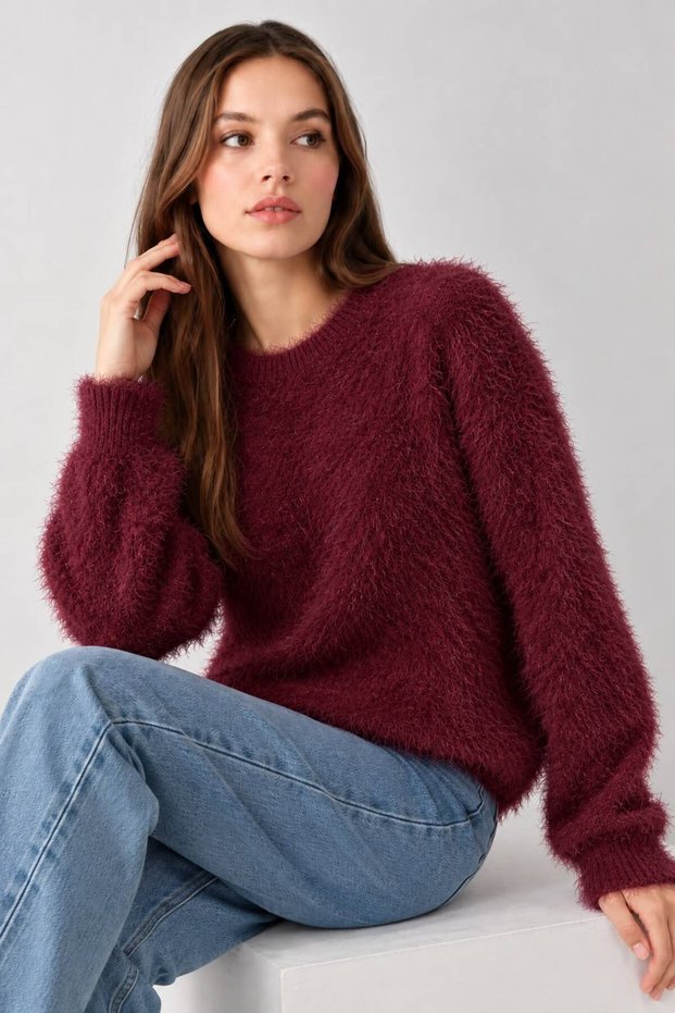 Women's Burgundy Crew Neck Soft Textured Fuzzy Bearded Rope Knit Sweater