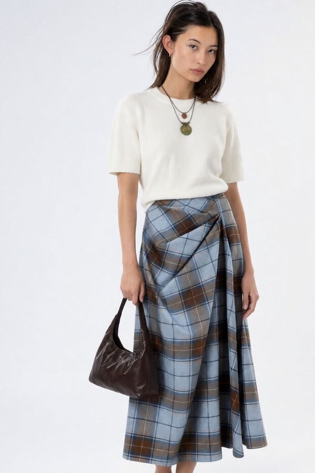 Plaid Draped Midi Skirt Brown