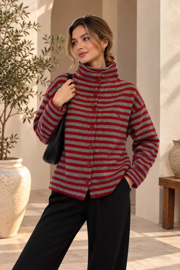 Women's Stand Collar Striped Buttoned Knitted Cardigan
