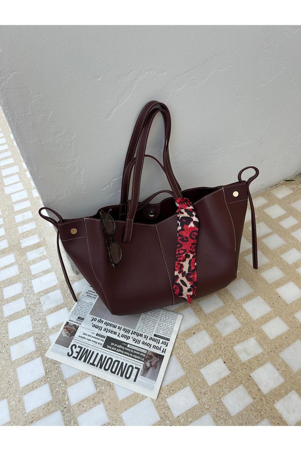 Women's Special Design Hand and Shoulder Bag with Scarf and Wallet Detail
