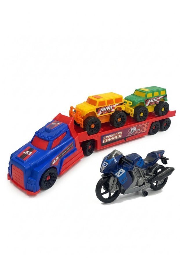 2 Toy Set Racing Motorbike Mixed Color 28 cm and Truck Carrying Jeep Set Large Size