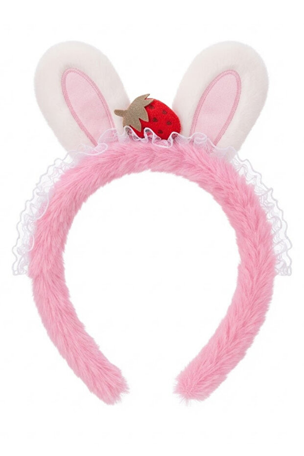 Plush Hair Crown with Rabbit Ears and Strawberry Detail - Lace Fun Hair Accessory