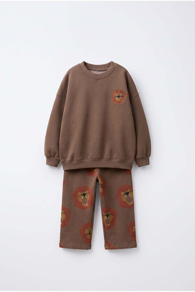 Children's Cotton Lion Patterned Brown Sweatshirt and Sweatpants Set