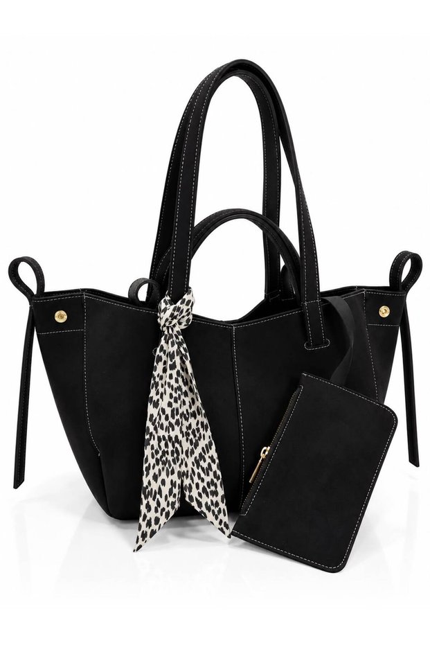 Women's Special Design Hand and Shoulder Bag with Scarf and Wallet Detail