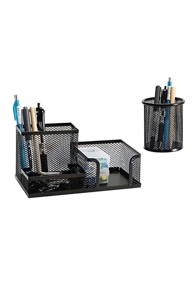 3-Tier Metal Mesh Desk Organizer Set – Multi-Compartment Pen Holder & Stationery Caddy for Office