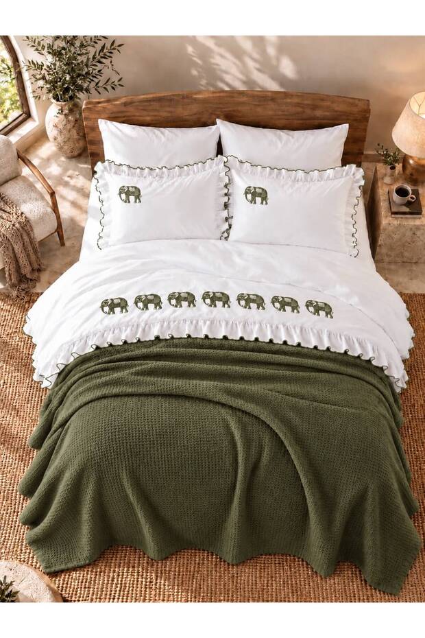 Knitwear Blanket Khaki Green Elephant Embroidered 100% Cotton Double 7-Piece Duvet Cover Set