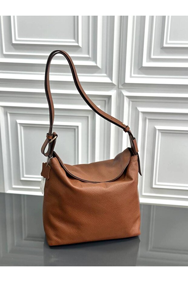 Luxurious Textured Genuine Leather Women's Shoulder Bag - Stylish Hobo Model