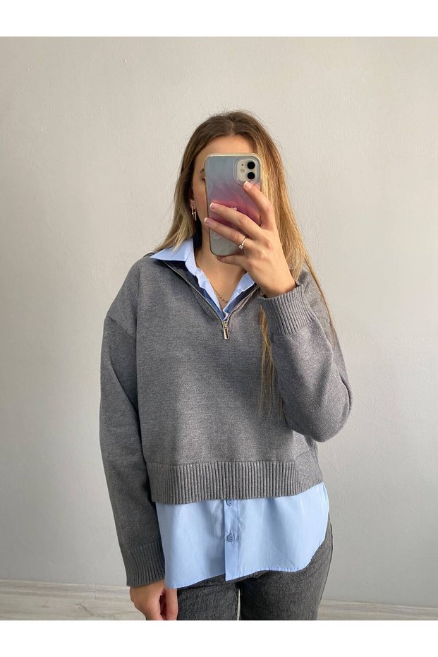 Soft Textured Knit Sweater with Shirt Detail
