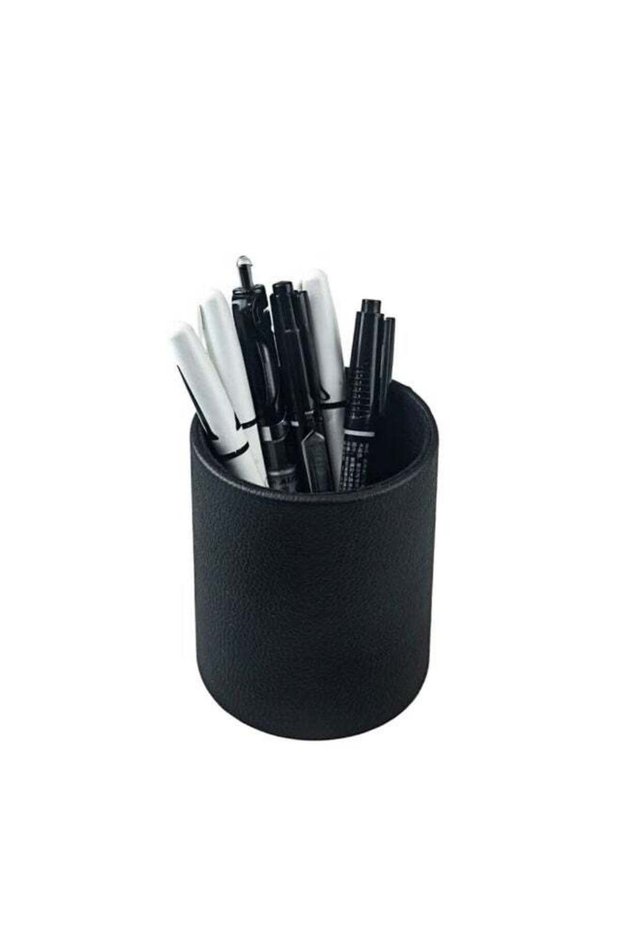 PU Leather Pencil Holder Desk Organizer, Round Pen & Brush Storage Cup, Black