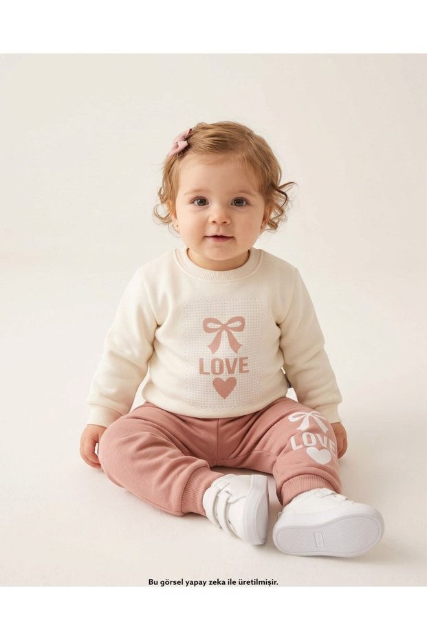 Girl's Love Printed 1-2-3-4 Years Old Winter 3 Threaded Rastered 2-Piece Top and Bottom Tracksuit Set