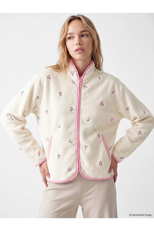 Ecru Stand Collar Embroidered Women's Plush Pajama Top
