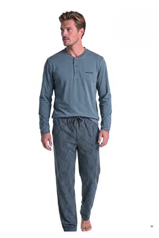 Men's Buttoned Collar Square Patterned Bottomed Pajama Set