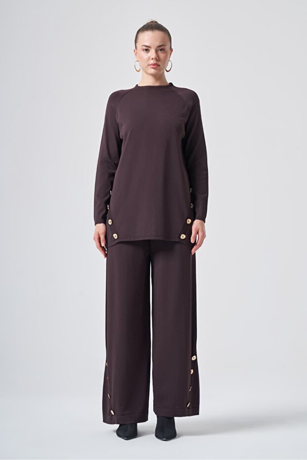 706 Front Cross Button Detail Mercerized Pants Suit Brown