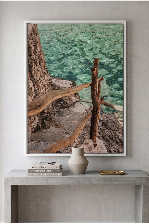 Turquoise Sea Nature Wall Art | Portrait Framed Canvas Print | Luxury Modern Botanical Decor for Living Room