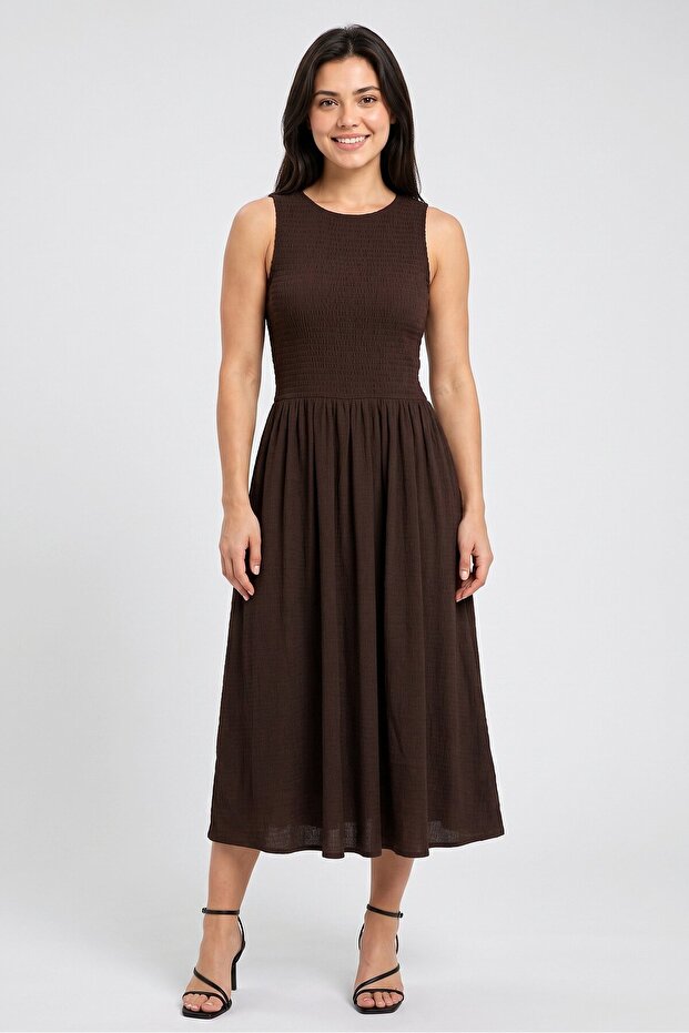 Women Shirred Maxi Dress, Dark Brown