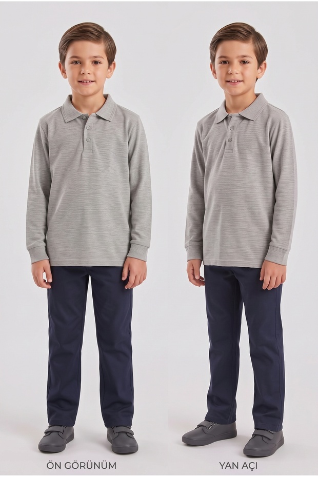 2-Piece Boys' Polo Collar School T-Shirt Set Long Sleeve 100% Cotton Fabric
