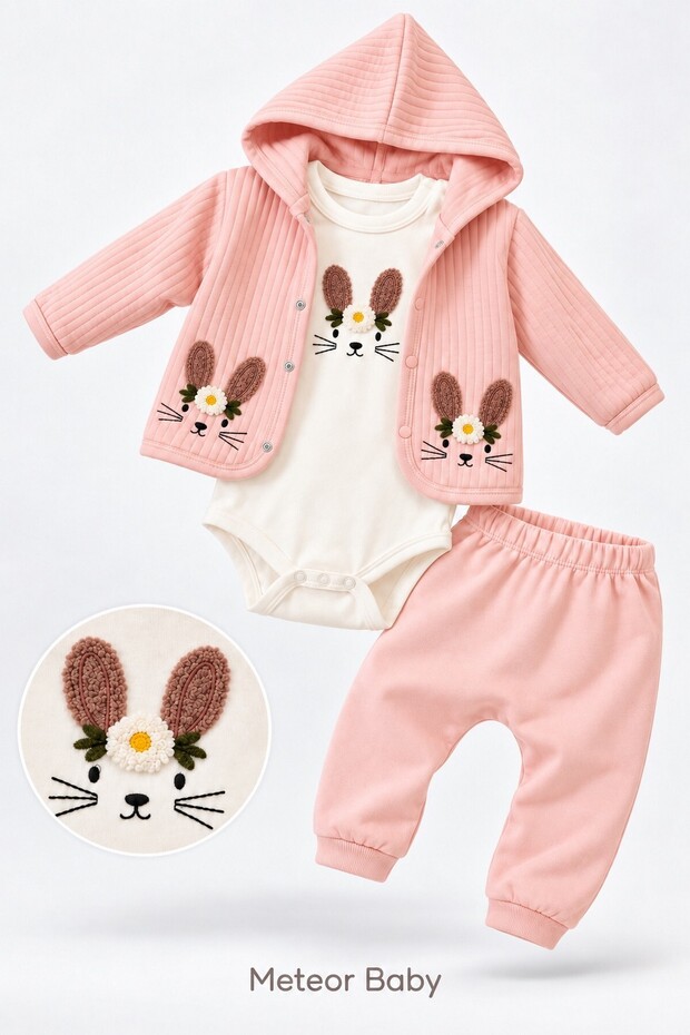 Baby Girl Set - Rabbit Patterned Hoodie - Long Sleeve Bodysuit - Cardigan - 3-Piece Set Premium Quality 3 6 9 12 Months