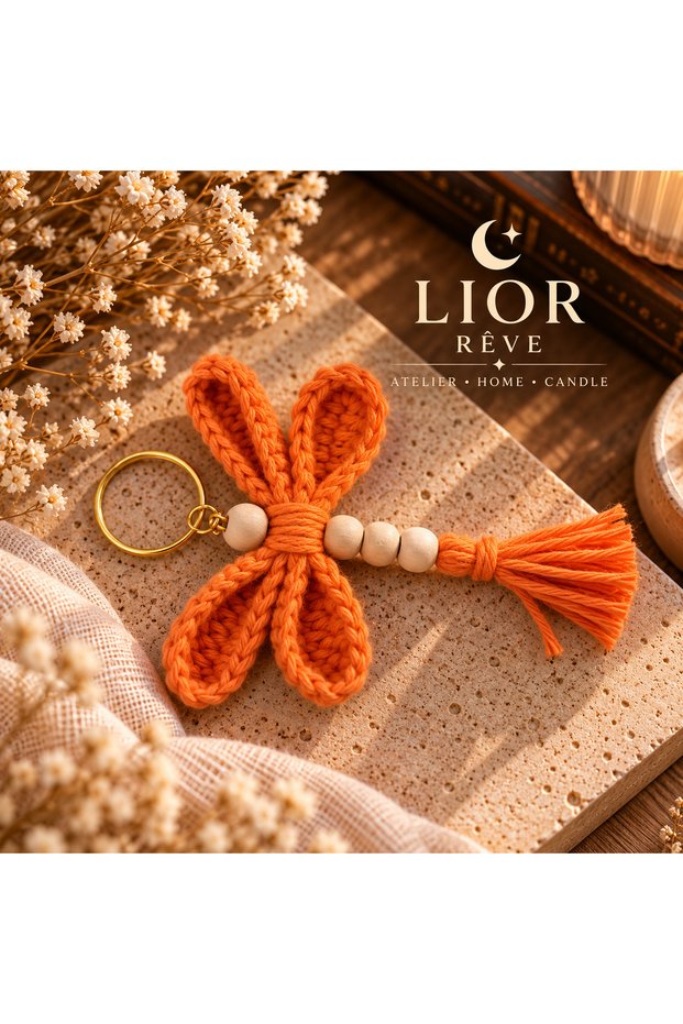 Lior Rêve Handmade Orange Butterfly Macrame Keychain | Knitted Keychain | Wooden Beaded Bag Accessory | Bohemian Gift
