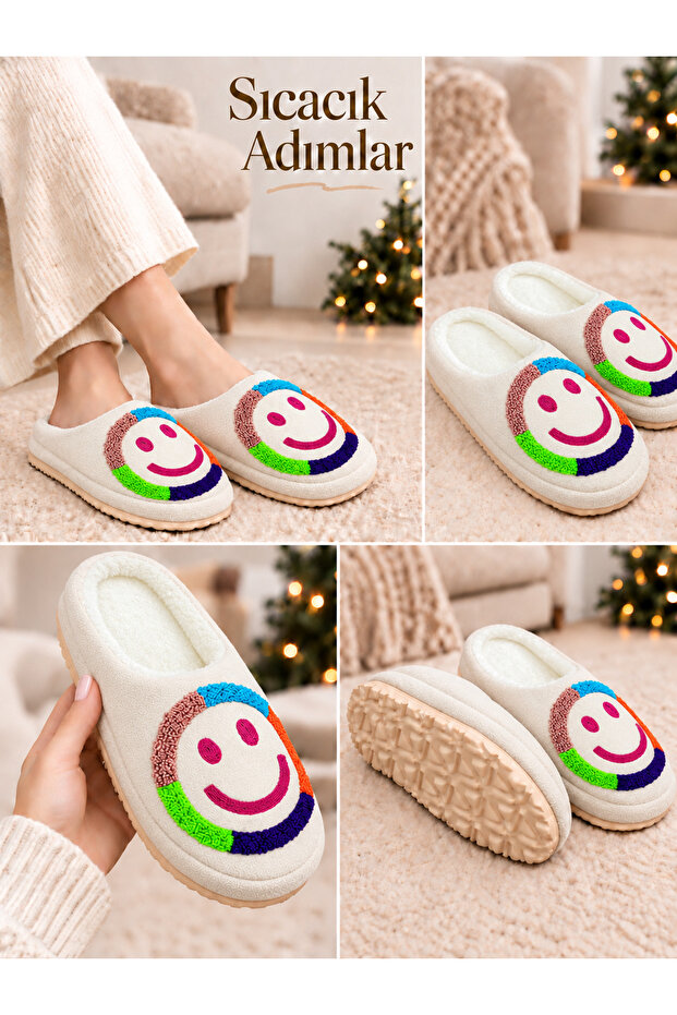 Women's House Slippers Plush Christmas New Year Smiling Face Figured Silent Lightweight Sole