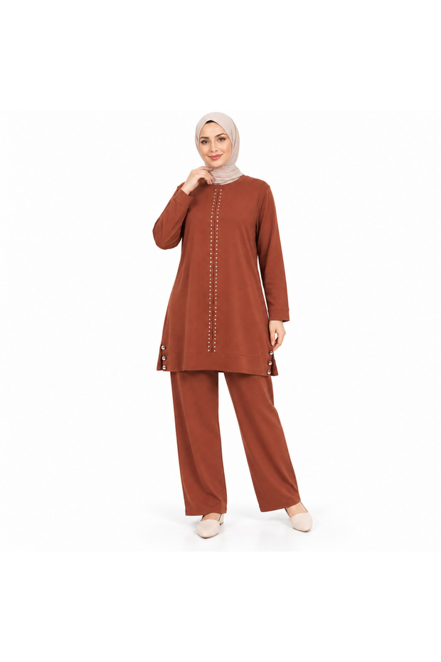 Women's Tile Stone and Lace Detailed Tunic and Trousers Double Set