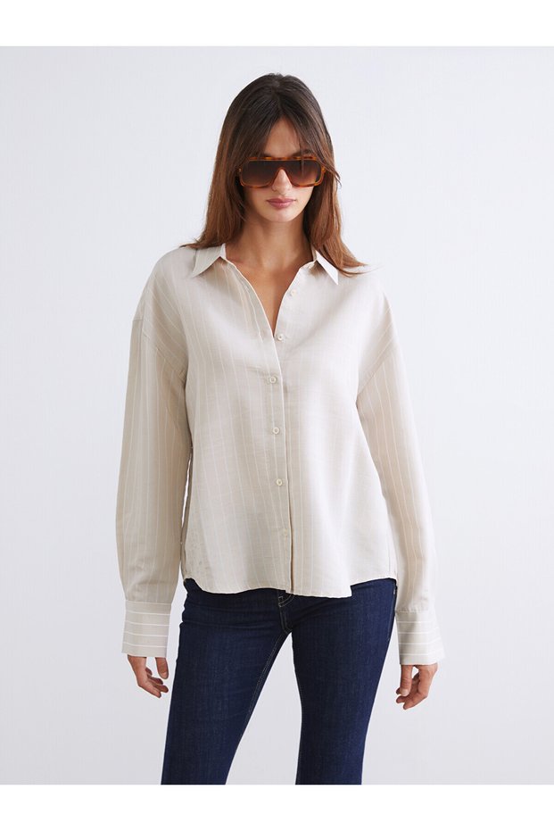 Alita City Farkıyla Soulife Beige Striped Poplin Women's Shirt