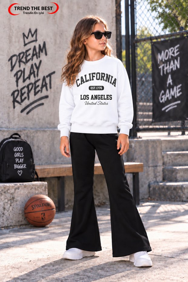 Winter, Spring, and Autumn Girls' Black Spanish Flared Bottoms and White Sweat Top