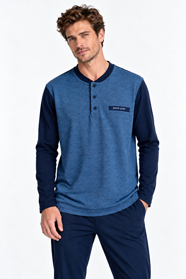 Men's Buttoned Collar Contrast Sleeves Textured Pajama Set