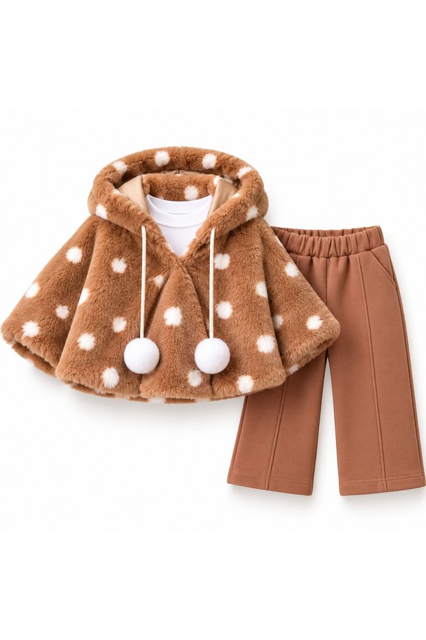 Baby Girl Plush Polka Dot Hooded 3-Piece Set – Cardigan, T-Shirt and Pants 9-24 Months