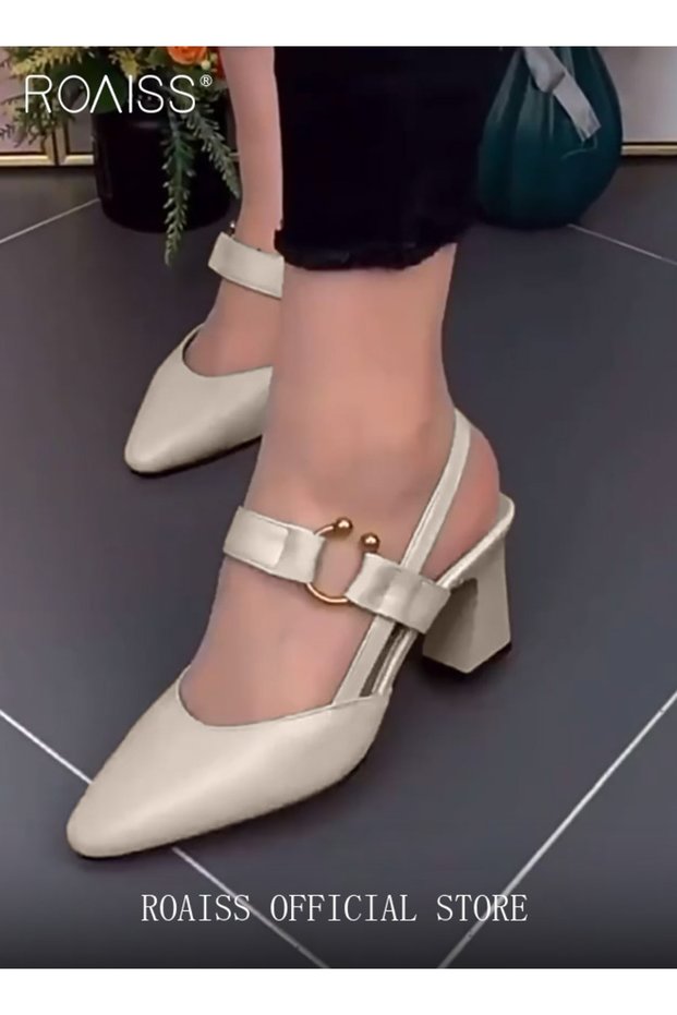 Fashion Women's Beige Pointed High Heels Ladies Office Sandals Shoes Summer Pointy 5.5cm Chunky Shoe
