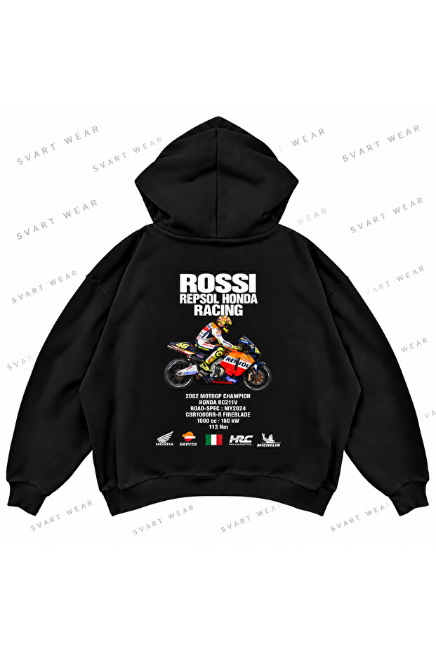 Valentino Rossi · Honda Rc211V · 2002 Printed Black Oversize Boxy Hoodie Sweatshirt